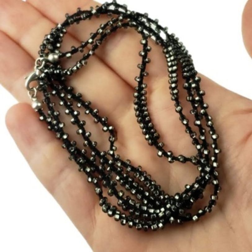 Black Knitted Necklace with Metallic Grey Seed Beads - Image 4