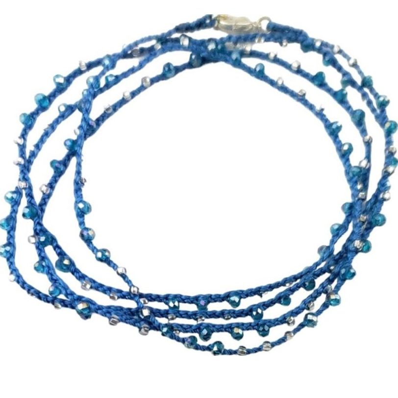 Blue Knitted Necklace/Bracelet with Blue Seed Beads