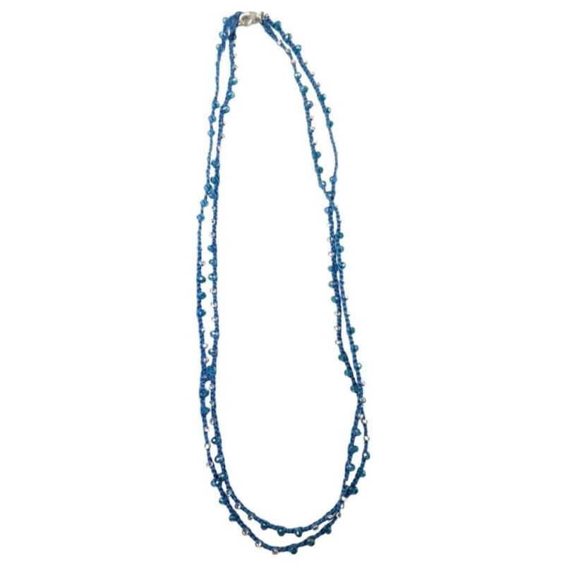 Blue Knitted Necklace/Bracelet with Blue Seed Beads - Image 3