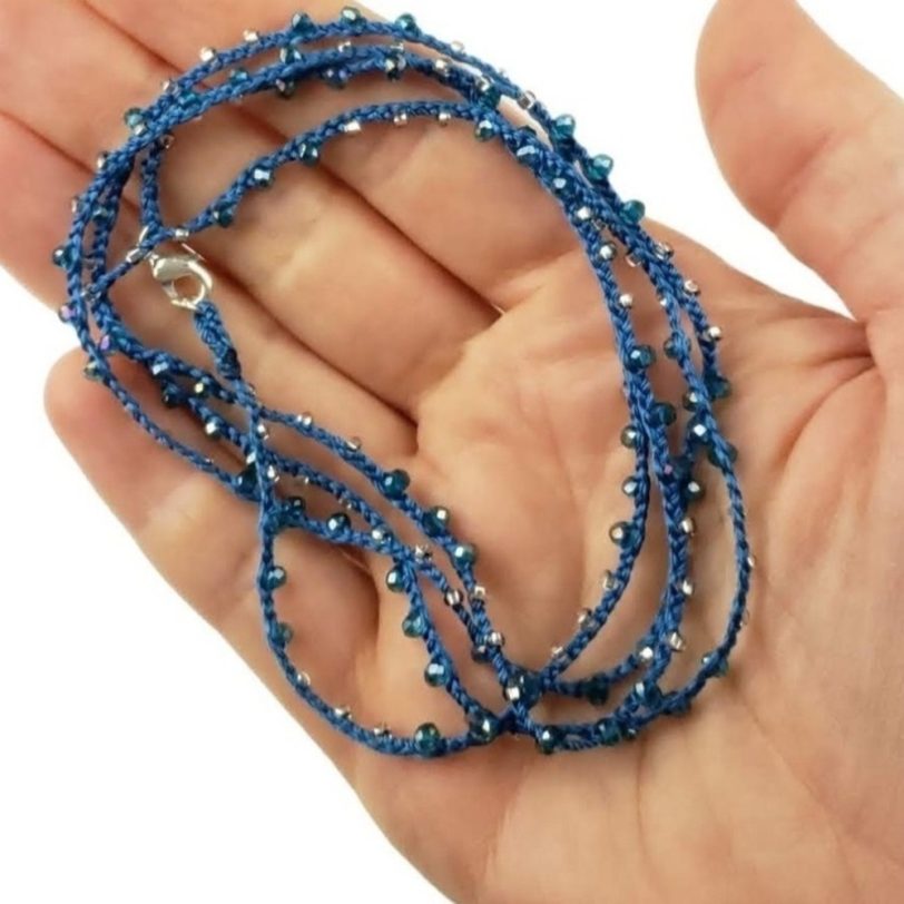 Blue Knitted Necklace/Bracelet with Blue Seed Beads - Image 5