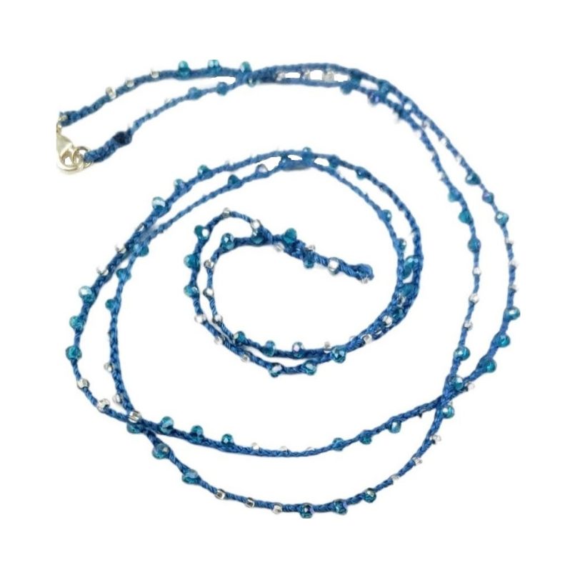 Blue Knitted Necklace/Bracelet with Blue Seed Beads - Image 2