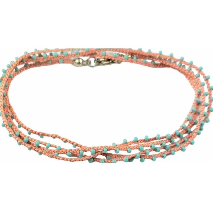 Coral Pink Knitted Necklace/Bracelet with Turquoise Seed Beads