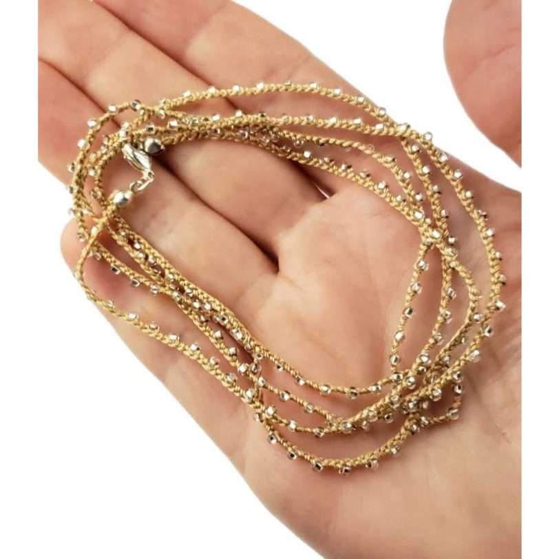 Tan Knitted Necklace/Bracelet with Silver Metallic Clear Seed Beads - Image 2