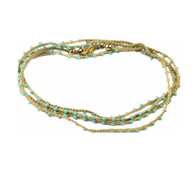 Tan Knitted Necklace/Bracelet with Turquoise Seed Beads