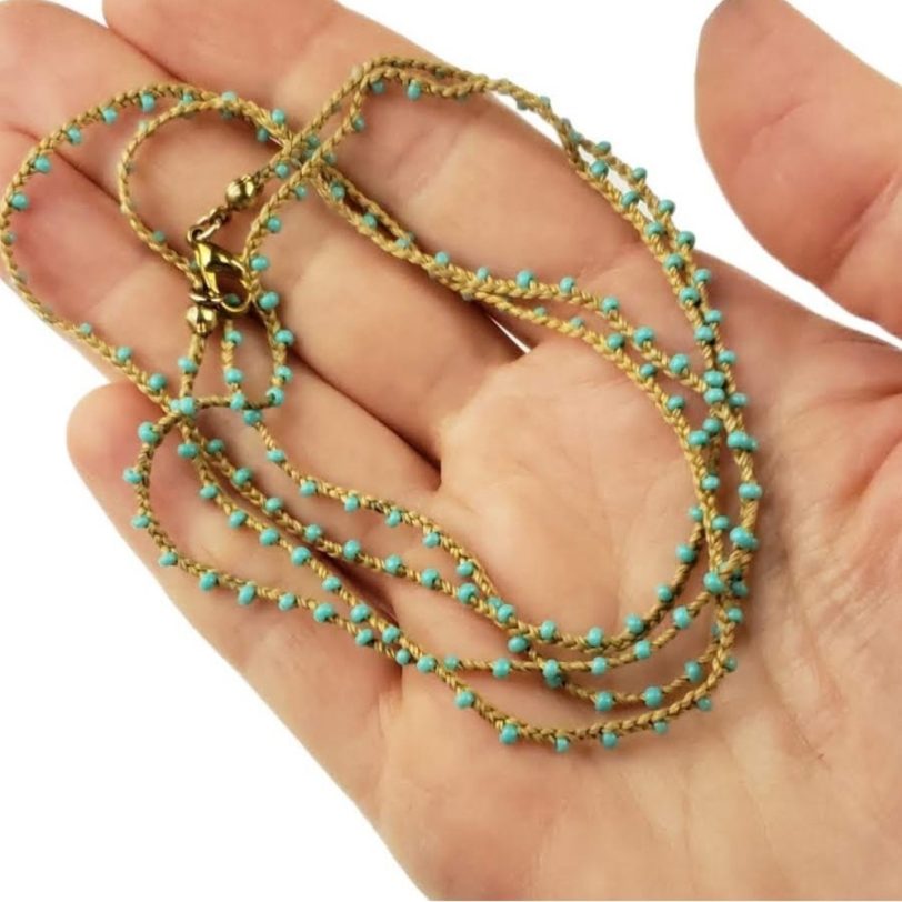 Tan Knitted Necklace/Bracelet with Turquoise Seed Beads - Image 2