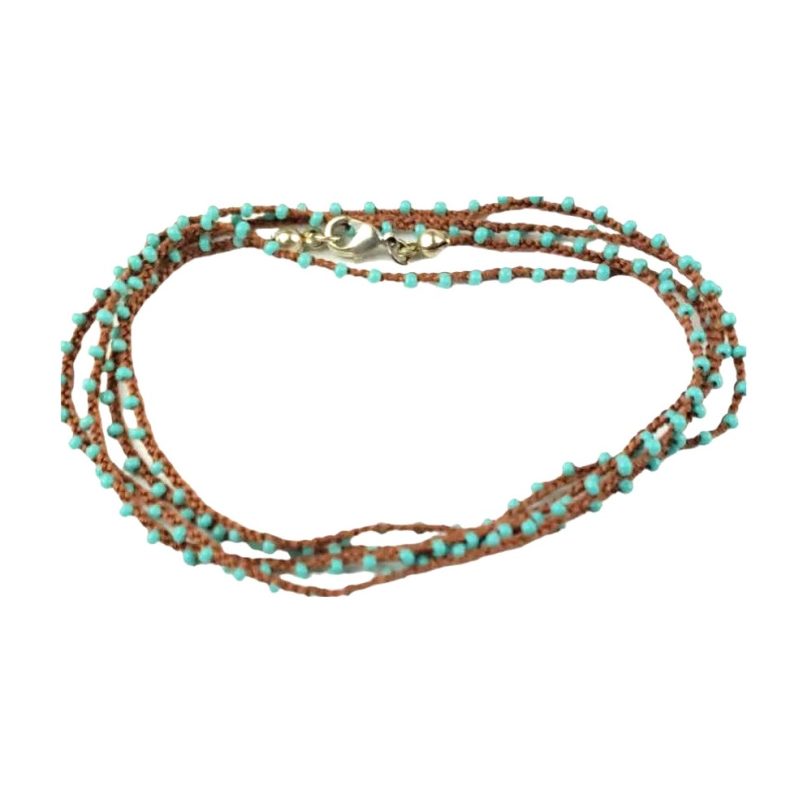 Brown Knitted Necklace/Bracelet with Turquoise Seed Beads