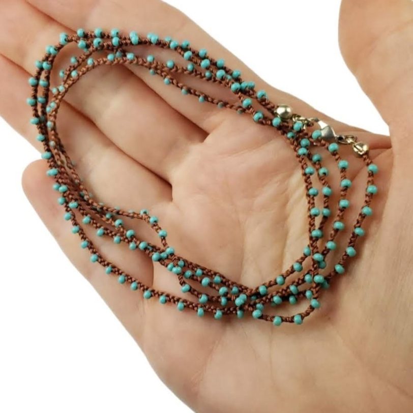 Brown Knitted Necklace/Bracelet with Turquoise Seed Beads - Image 2