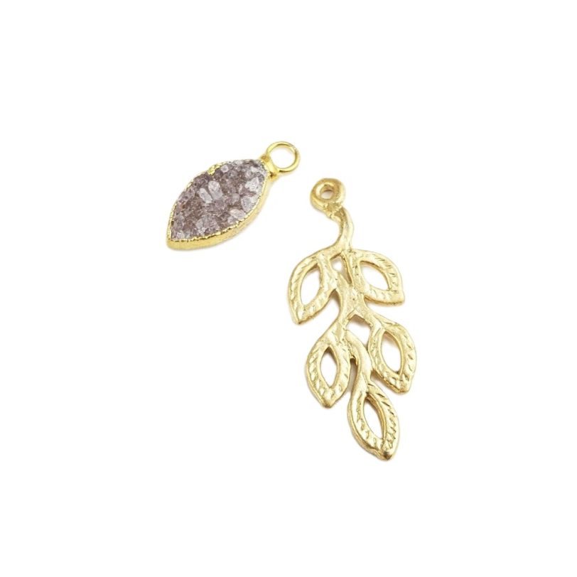 Amethyst Druzy and Gold Branch Charm Pair